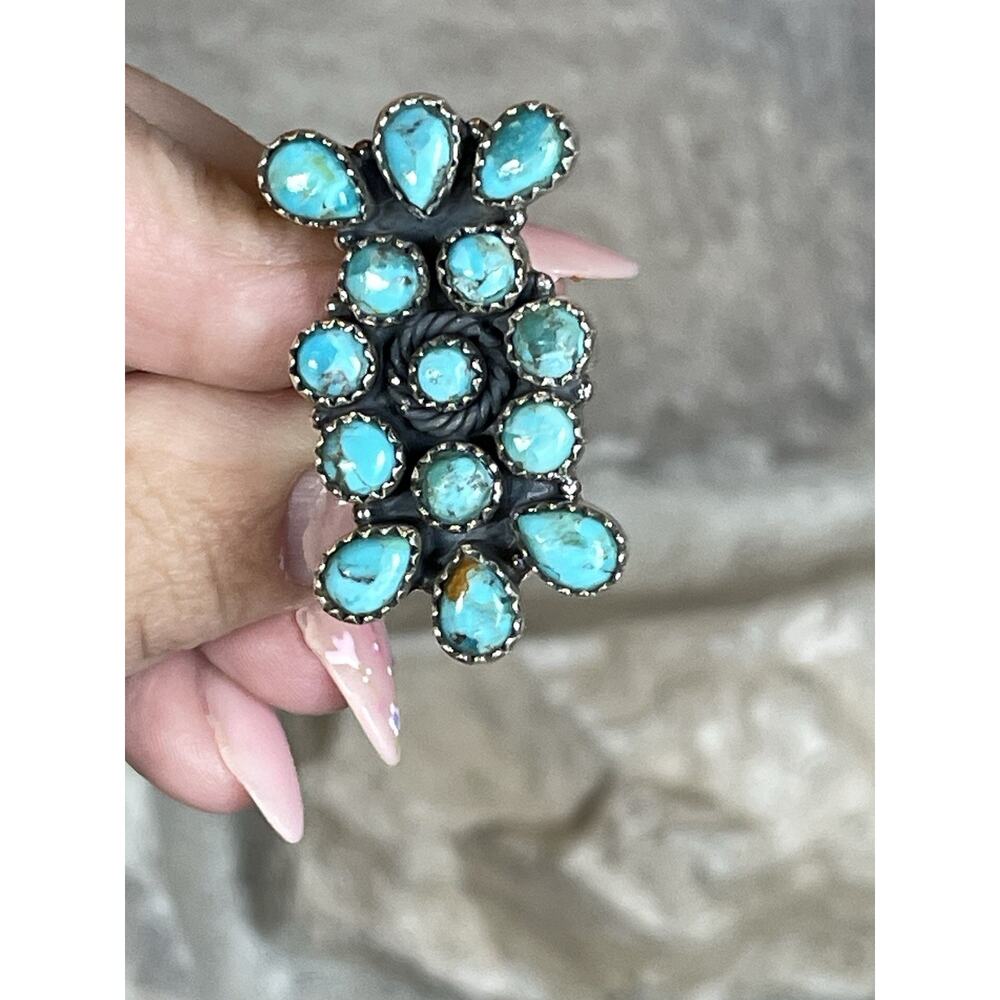 Native Style Southwest Turquoise Cluster Ring Sterling Silver Adjustable Long - Picture 3 of 10